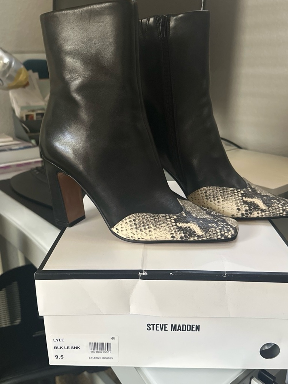 Steve Madden Black Leather Ankle Boots with Snake-Print Toe Cap